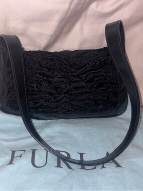 Furla PERSIAN LAMB FUR Black Textured Shoulder Bag with Smooth Leather Straps